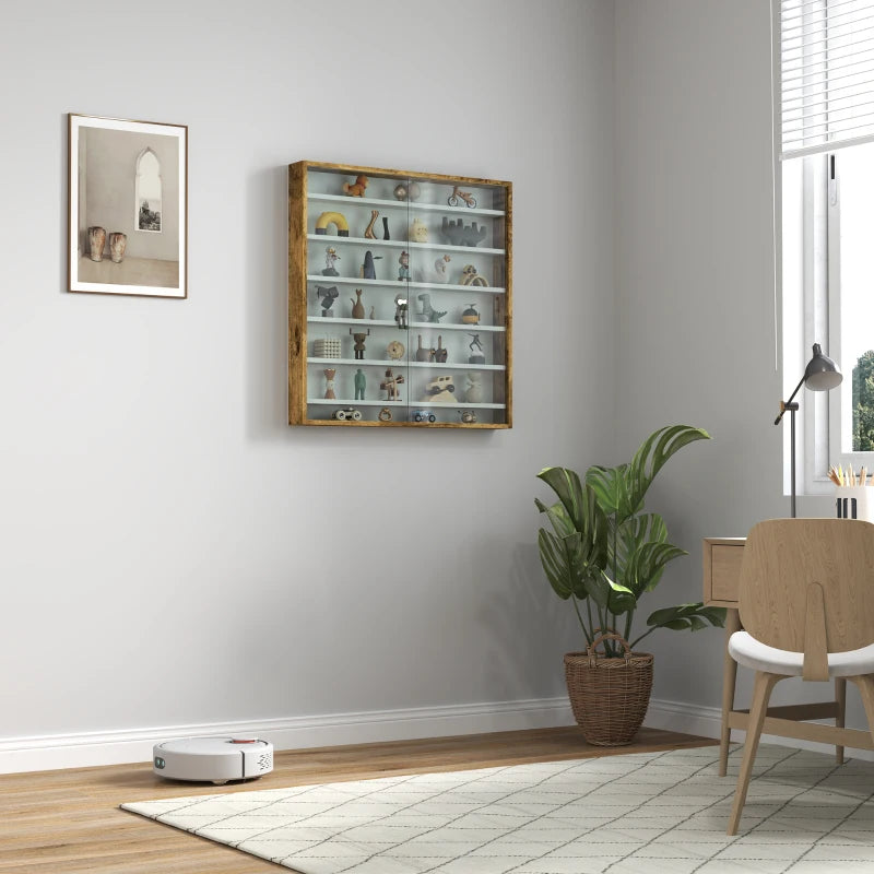 Elegant Brown Six Shelf Display Cabinet with Glass Doors - Perfect for Home Decor and Storage Solutions