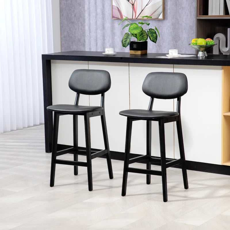 Set of 2 Classic Black Wooden Bar Stools with Faux Leather Seats - Stylish & Durable Design for Home or Bar