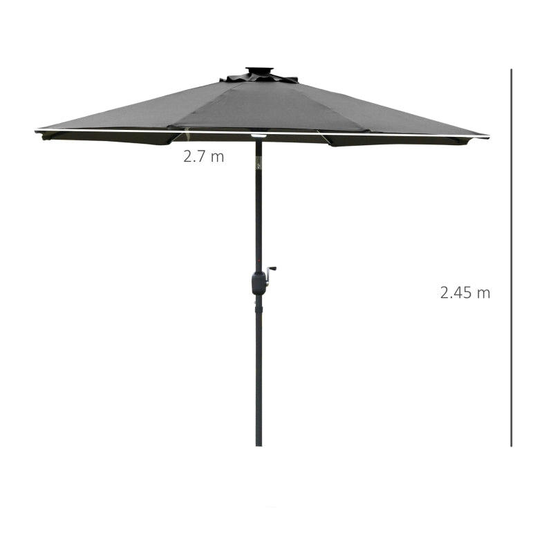 Grey Solar LED Garden Parasol - 2.7m Sun Umbrella