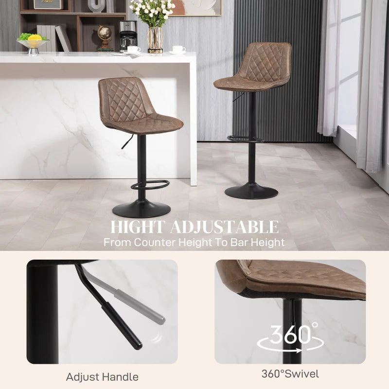 Retro Adjustable Bar Stools Set of 2 - Swivel PU Leather Kitchen Chairs with Back, Footrest & Steel Base - Brown