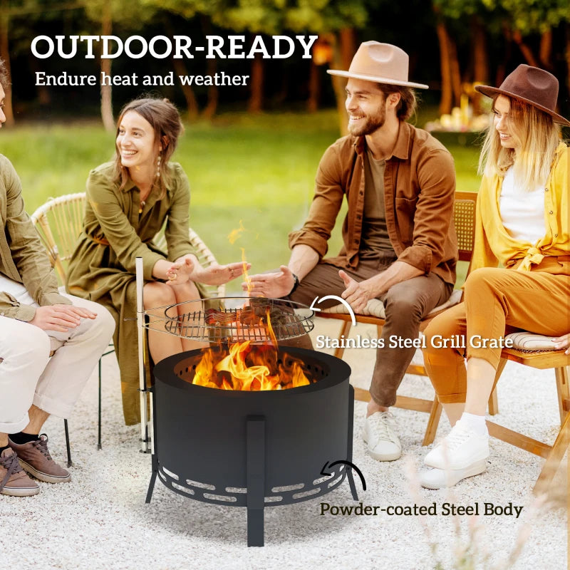 Portable 58 cm Round Fire Pit with Grill Grate, Ash Catcher & Poker for Camping, BBQ