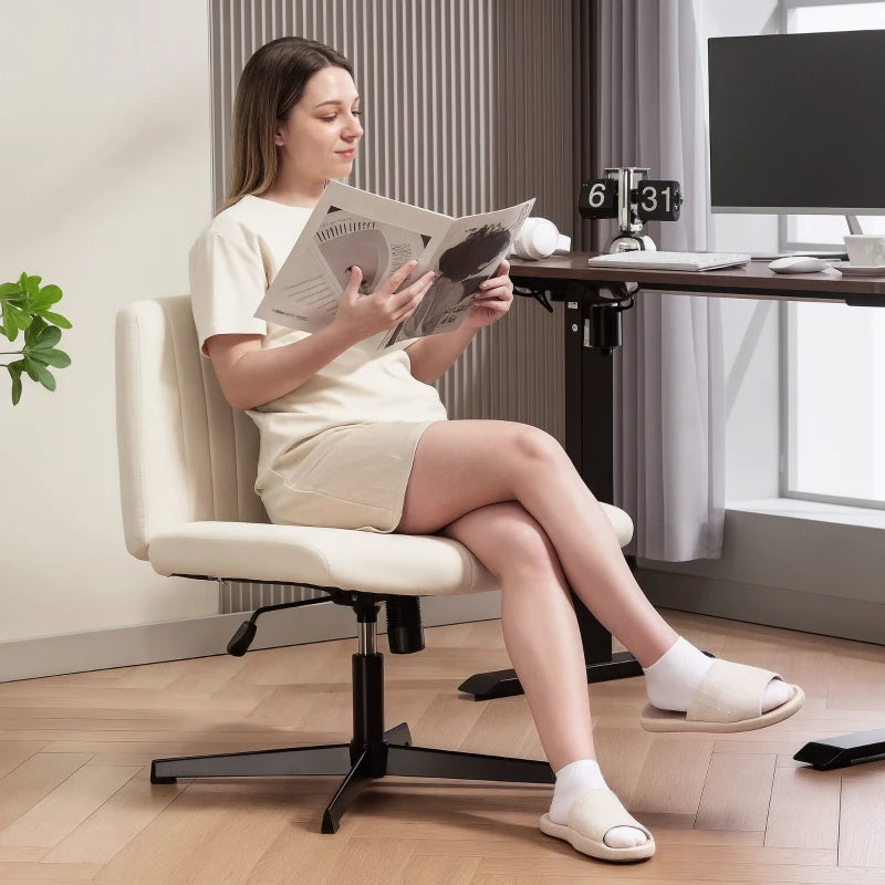 Armless Linen Fabric Office Chair - Criss Cross Legs, Wide Seat, Thick Padding, Adjustable Height, Cream - No Wheels
