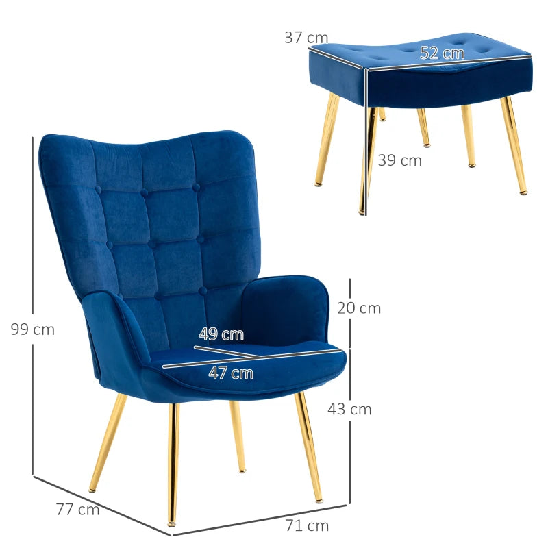 Stylish Velvet Wingback Armchair with Footstool for Living Room, Bedroom or Home Office in Dark Blue