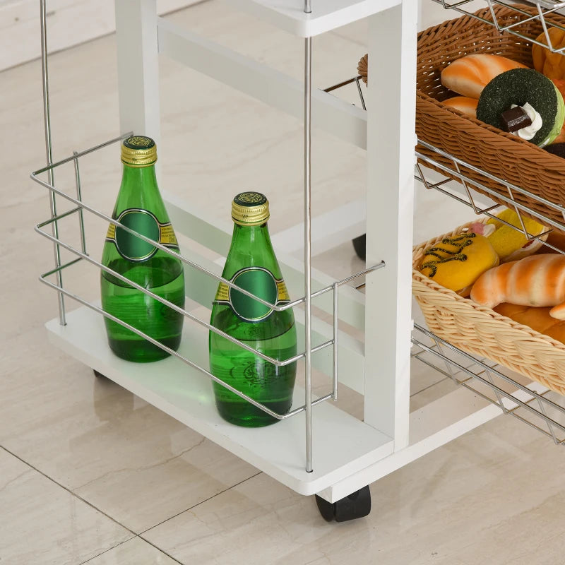 Rolling Kitchen Cart with 4 Basket Drawers & Side Racks - Mobile Utility Storage Cart on Wheels for Dining Room - White