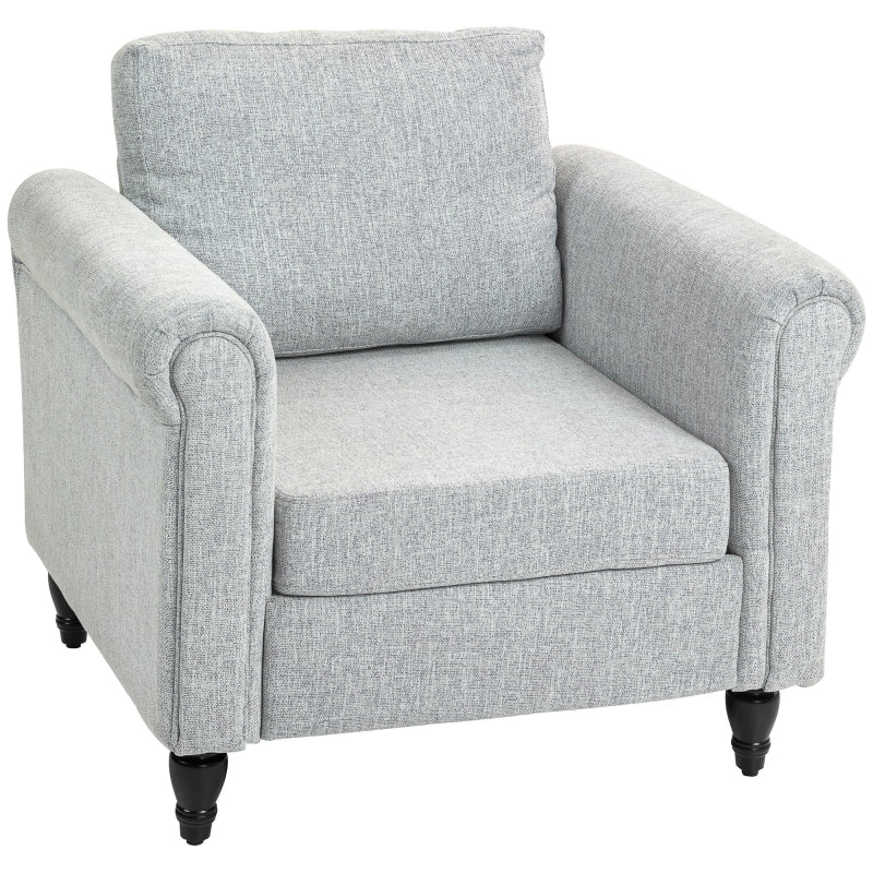 Vintage Upholstered Accent Chair with Back Pillow and Rolled Arms, Light Grey, Rubber Wood Legs