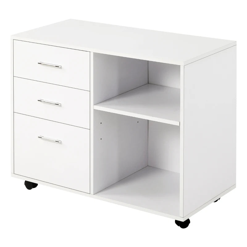 Modern Freestanding Printer Stand with Wheels - Office Desk Storage Unit, 3 Drawers & 2 Open Shelves, White, 80x40x65 cm