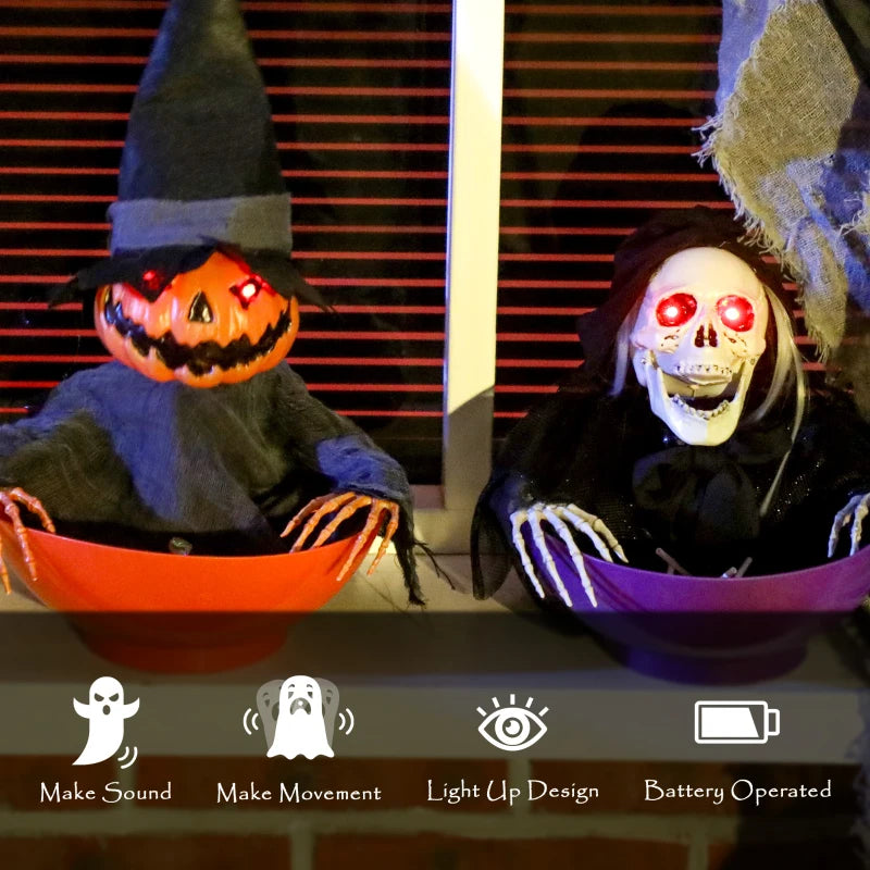 2pcs Animated Halloween Skull Bowl Set - LED Eyes, Moving Body, Creepy Sound - Skeleton Candy Dish for Party & Haunted House Decor