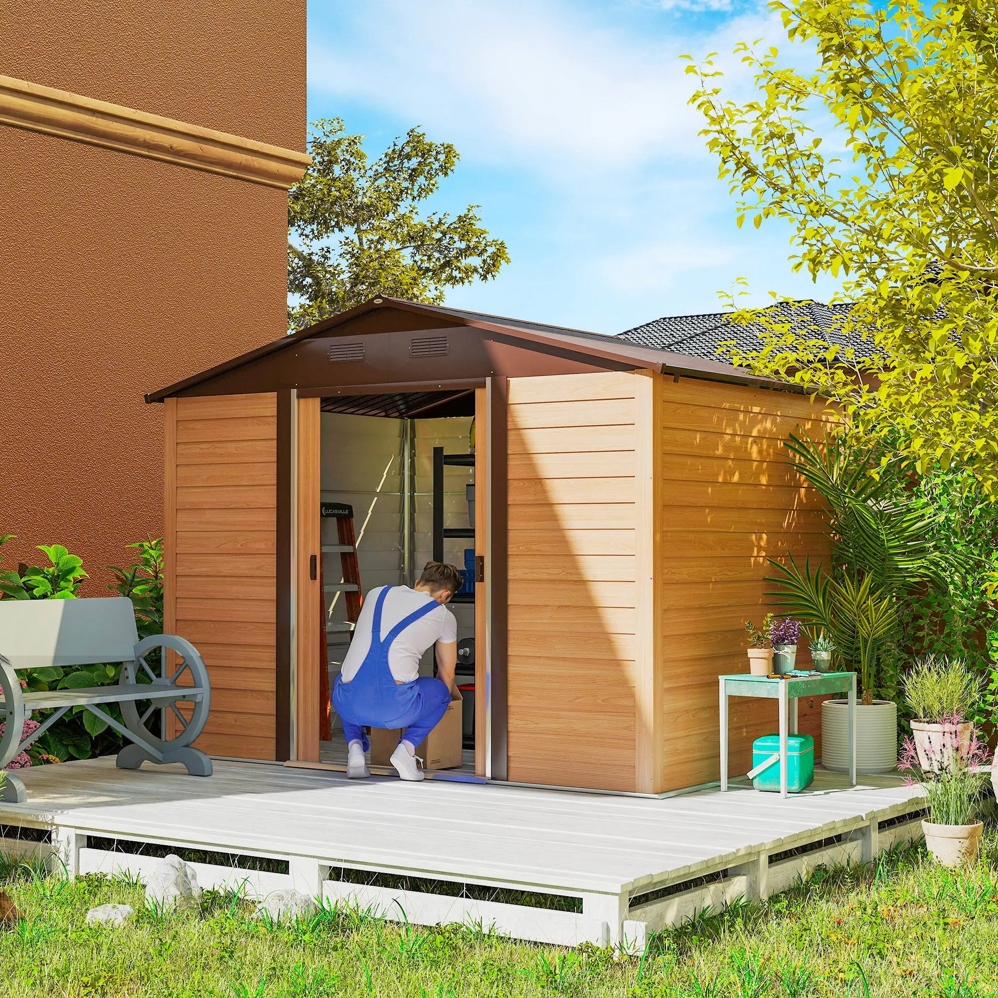 9ft x 6ft Galvanised Steel Shed - Brown Wood-Effect
