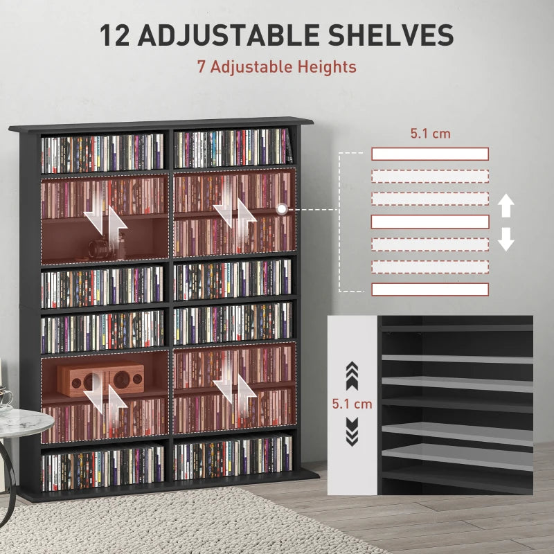 16-Compartment Black Media Shelf - Stylish Storage Solution for DVDs, Games, and Books - Perfect for Home Organization