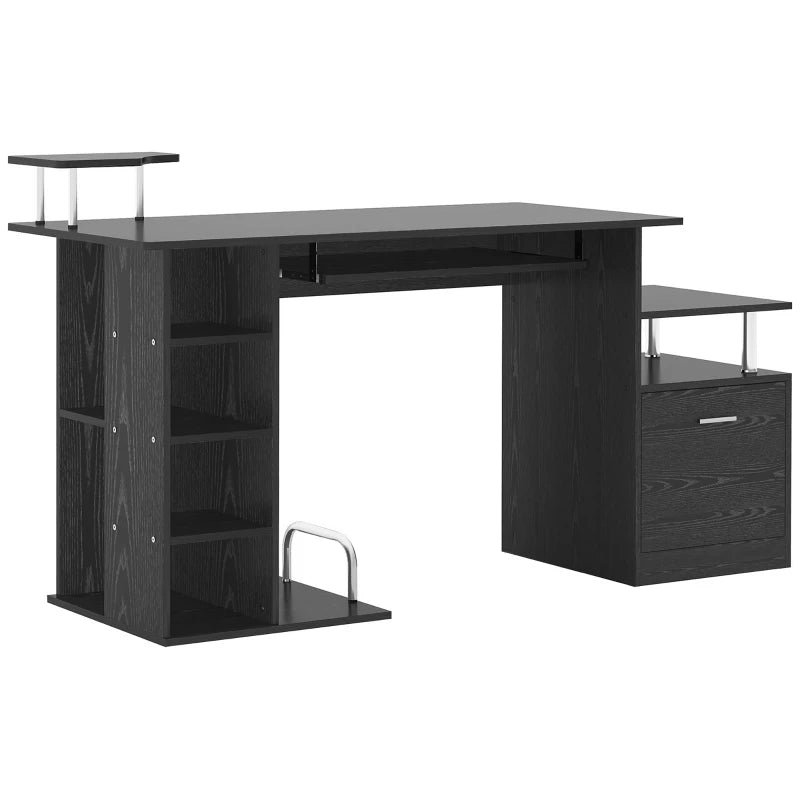Modern Black Computer Desk with Drawer & Shelves - PC Workstation & CPU Storage Rack for Home Office - 152x60x88cm
