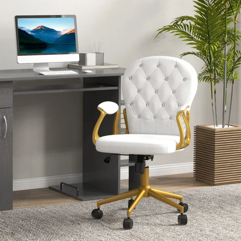 Vinsetto Cream White Height Adjustable Office Chair - Button Tufted Computer Chair with Padded Armrests & Tilt Function