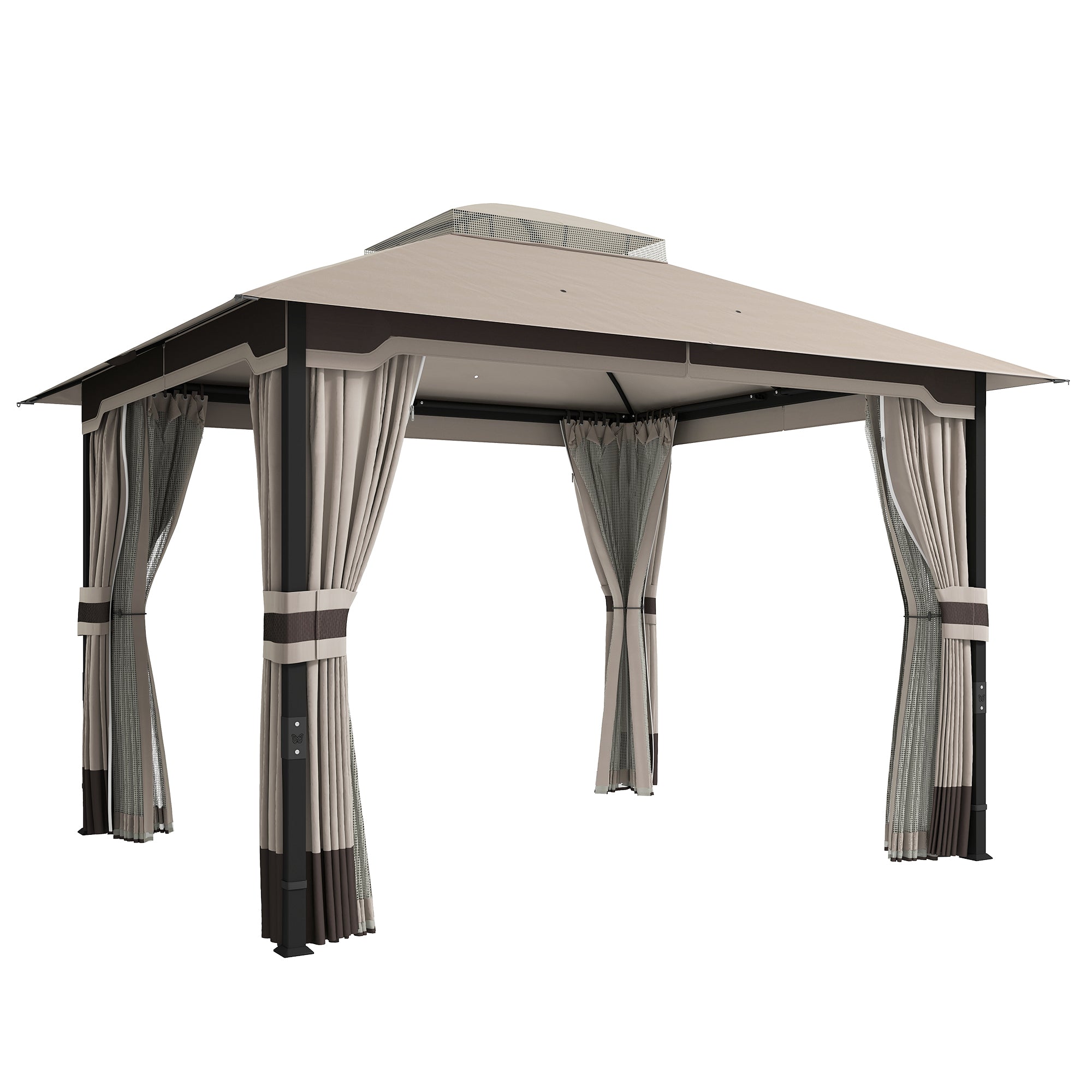 3 x 3.6m Ventilated Double Roof Garden Gazebo with Curtains & Mesh Netting, Heavy Duty Metal Frame Outdoor Patio Pavilion, Khaki