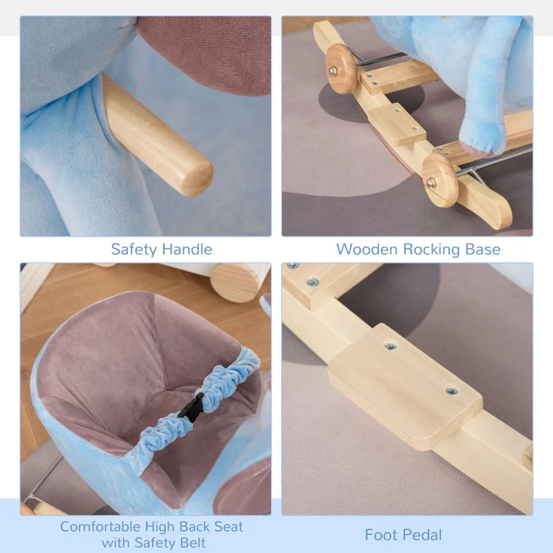 2-in-1 Plush Baby Rocking Horse Elephant with Wheels - Wooden Toy for Kids, 32 Songs, Ages 18+ Months (Blue)