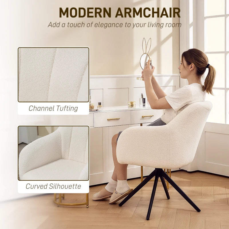 360-Degree Swivel Accent Chair in Teddy Fleece Fabric - Upholstered Tufted Armchair for Living Room, Bedroom, Home Office, White