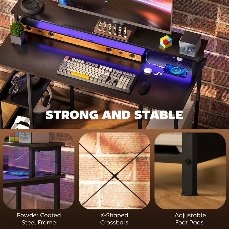 LED Computer Desk with Power Outlets & Shelves - Stylish Carbon Fibre Grey Home Office Furniture