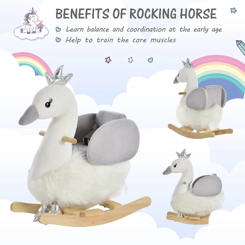 Kids Plush Rocking Horse & Swan Ride-On Toy with Sound, Wooden Base, Safety Belt for Toddlers 18-36 Months - White & Grey