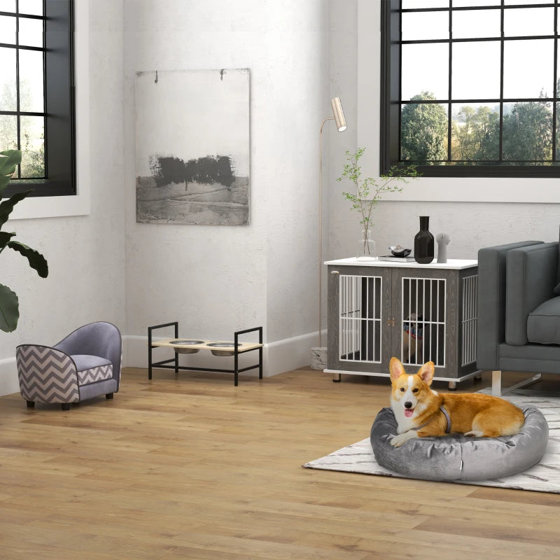 Wooden Dog Crate End Table Kennel with Lockable Door for Small & Medium Dogs - Grey & White, 85x55x75 cm
