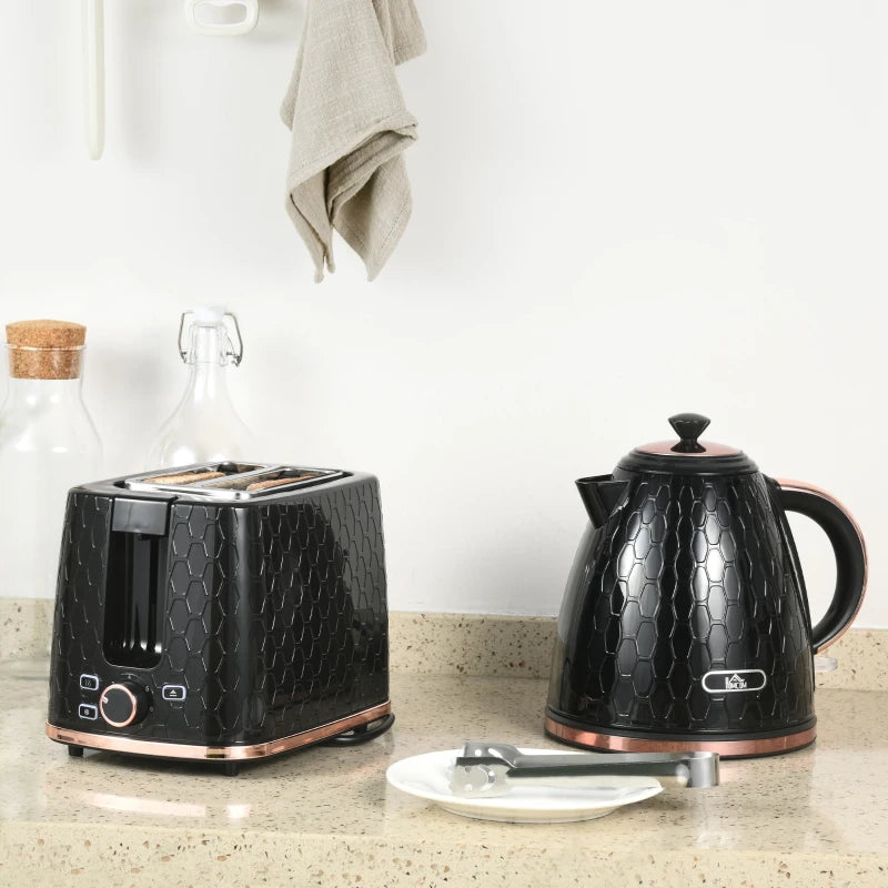 1.7L 3000W Fast Boil Kettle & 2 Slice Toaster Set - Auto Shut Off, Browning Controls, Black Kitchen Essentials