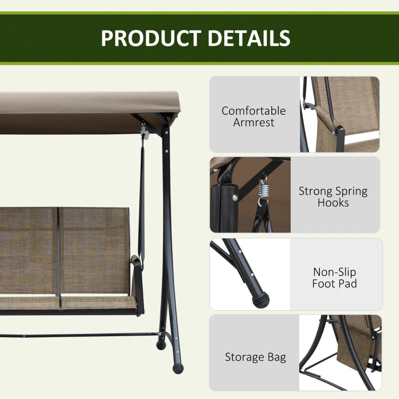 Brown 3-Seater Outdoor Swing Chair with High Back Design and Adjustable Canopy