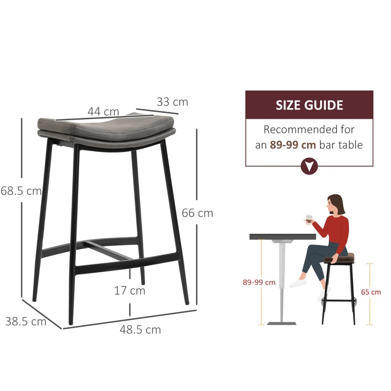 Set of 2 Grey Microfibre Upholstered Bar Stools - Industrial Curved Seat Design with Steel Frame for Kitchen & Dining Room