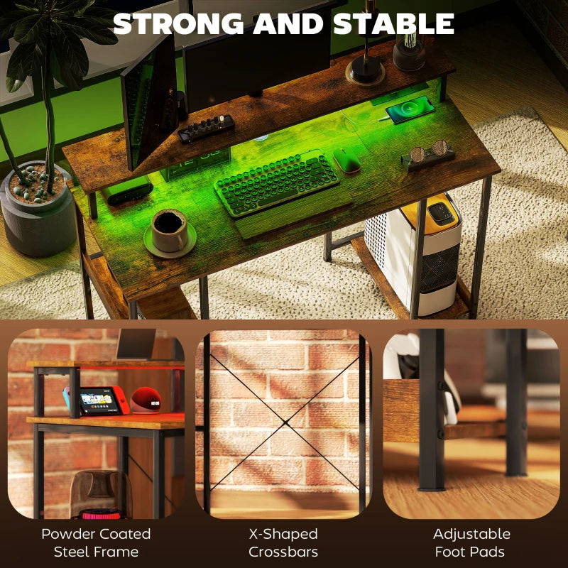 Rustic Brown LED Computer Desk with Power Outlets & Shelves - Modern Home Office Furniture for Productivity
