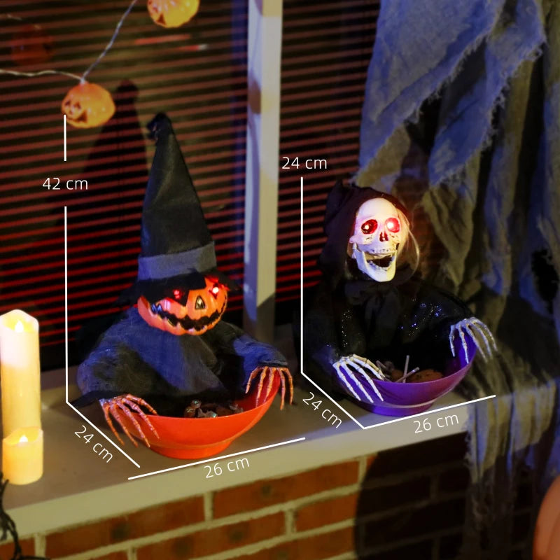 2pcs Animated Halloween Skull Bowl Set - LED Eyes, Moving Body, Creepy Sound - Skeleton Candy Dish for Party & Haunted House Decor