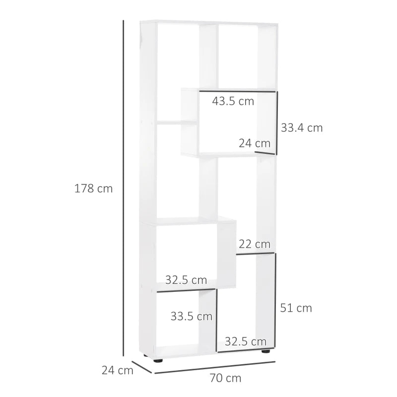 Modern Tall Bookshelf - 8 Cube Storage Unit, Freestanding Room Divider for Living Room, Bedroom & Home Office - White 70x24x178 cm
