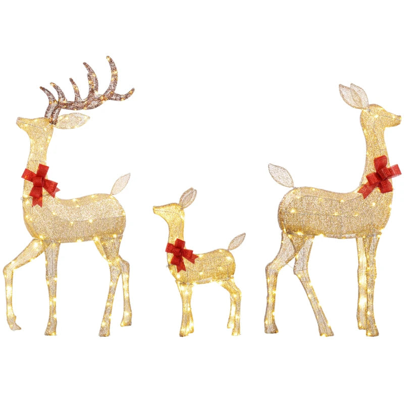 Lighted Reindeer Christmas Decorations - 3-Piece LED Deer Family Set for Outdoor Lawn & Garden - Gold Tone