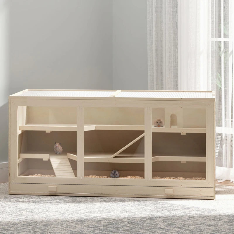Wooden Hamster Cage for Small Animals with Openable Top and Exercise Play House 115L x 57W x 55Hcm Natural