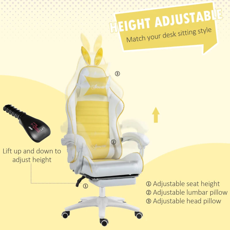 Vinsetto Yellow Reclining Racing Gaming Chair with Headrest, Lumbar Support, Footrest & Removable Rabbit Ears - PU Leather