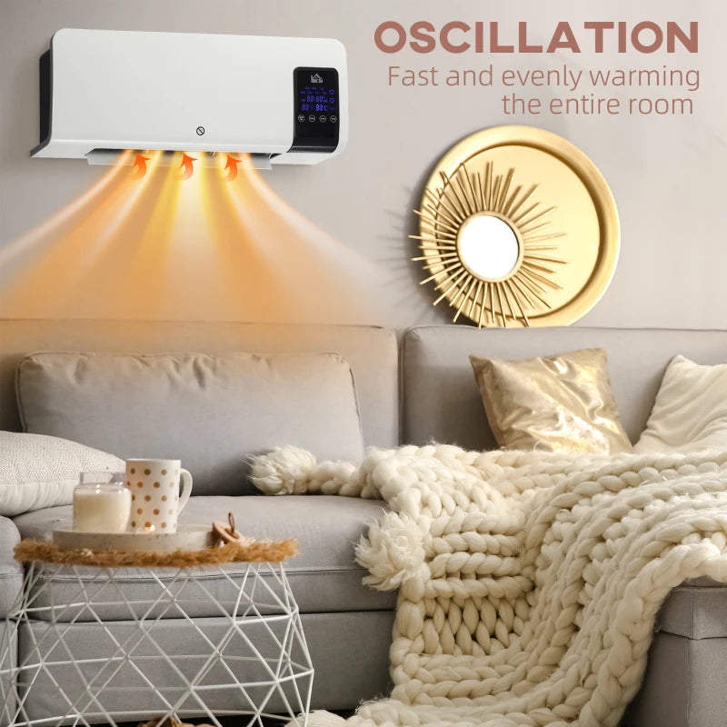2000W Wall Mounted Electric Heater Adjustable 18 to 45 Degrees Celsius White