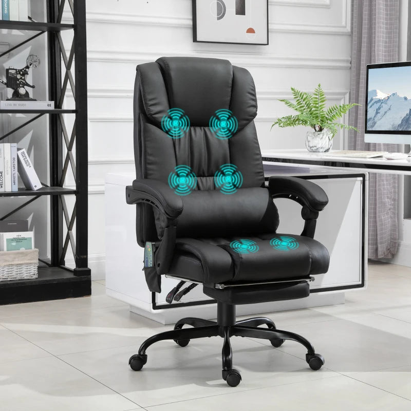 Vinsetto 6-Point Massage Office Chair PU Leather Ergonomic Desk Chair with Adjustable Height and Footrest for Home Office Black