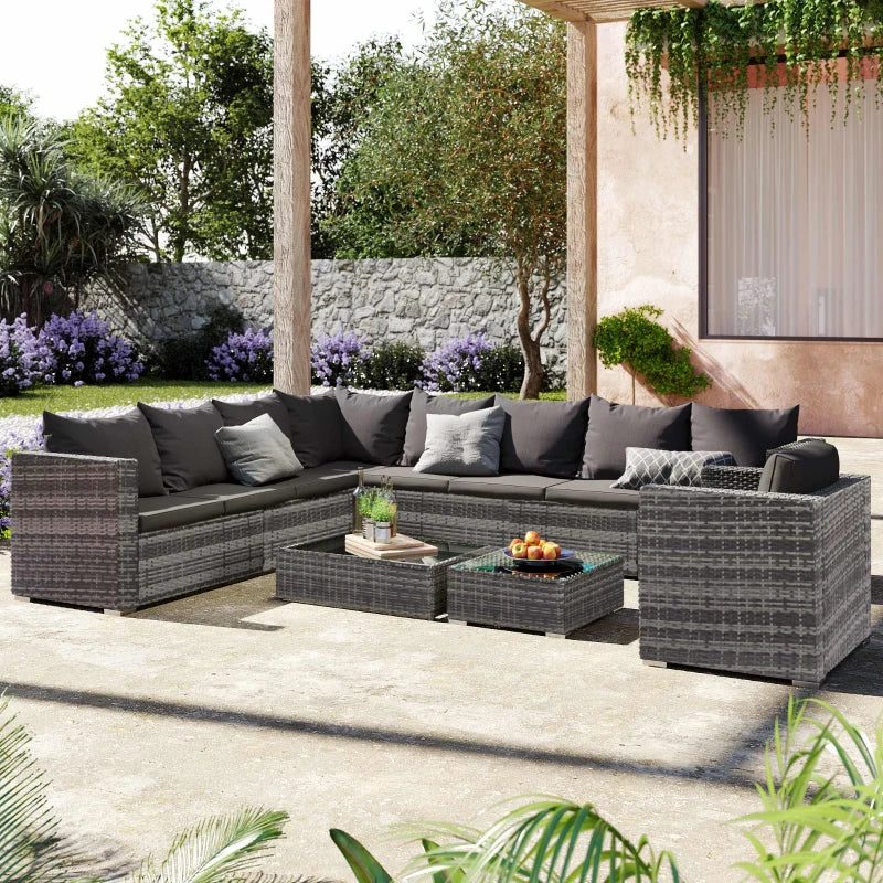 Grey 9-Seater Rattan Garden Corner Sofa Set with Coffee Table and Cushions