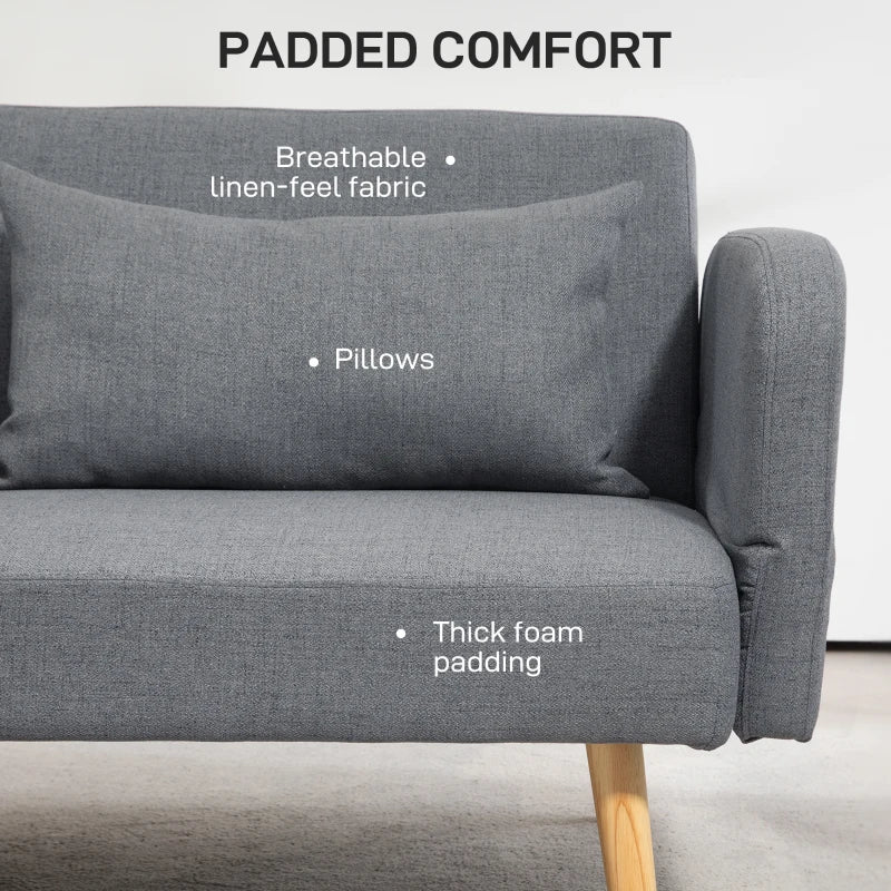 Grey Two-Seater Click-Clack Sofa Bed with Cushions for Space-Saving Comfort and Style
