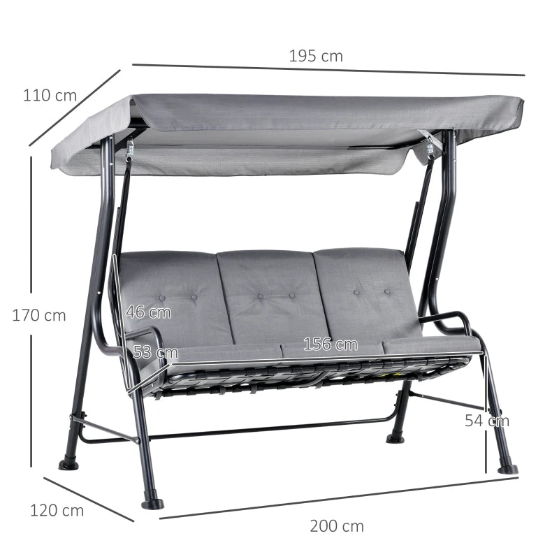 Grey Metal 3-Person Outdoor Porch Swing Chair