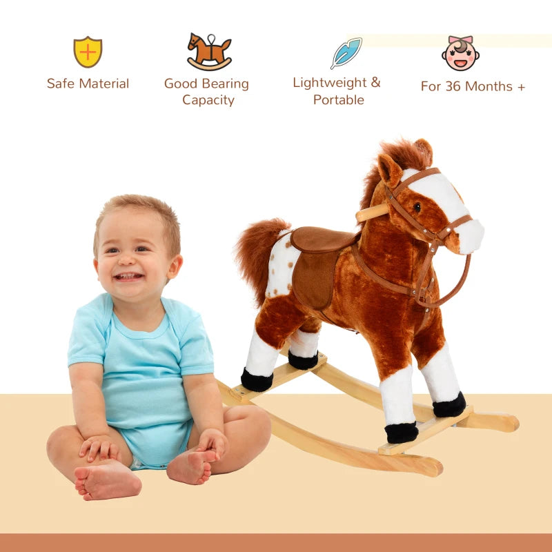 Plush Baby Rocking Horse Ride-On Toy with Sound Handle Grip for Kids Ages 3-6 - Brown Soft Animal
