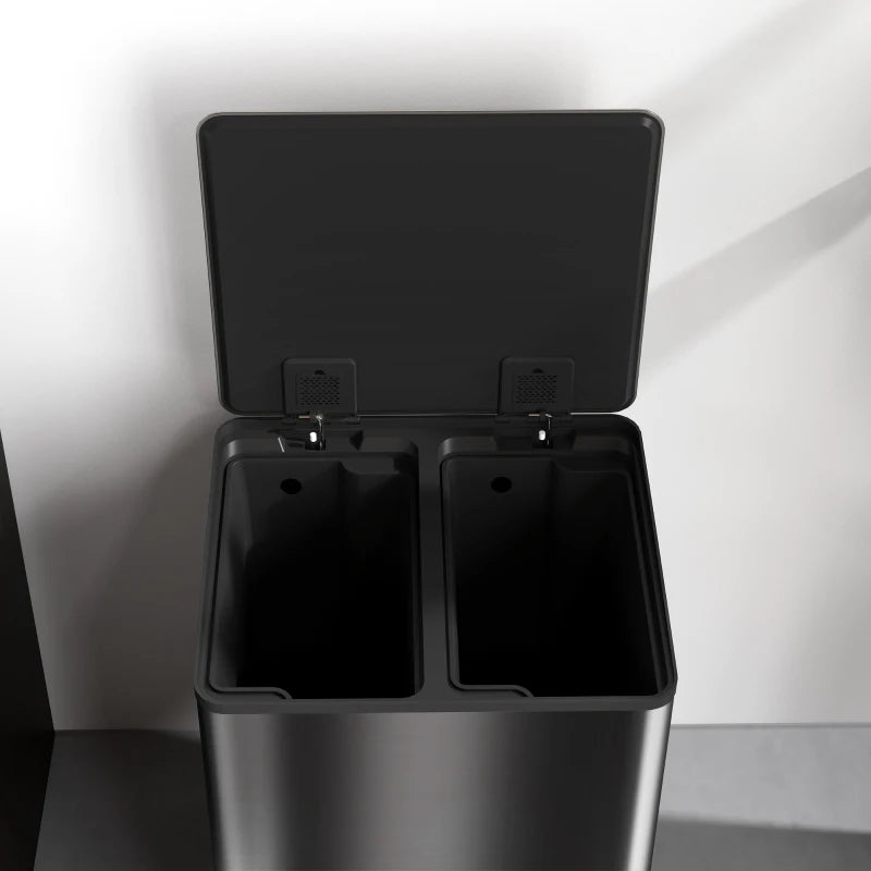 60L Dual Compartment Stainless Steel Trash Bin with Deodoriser Holders - Stylish Black Waste Management Solution