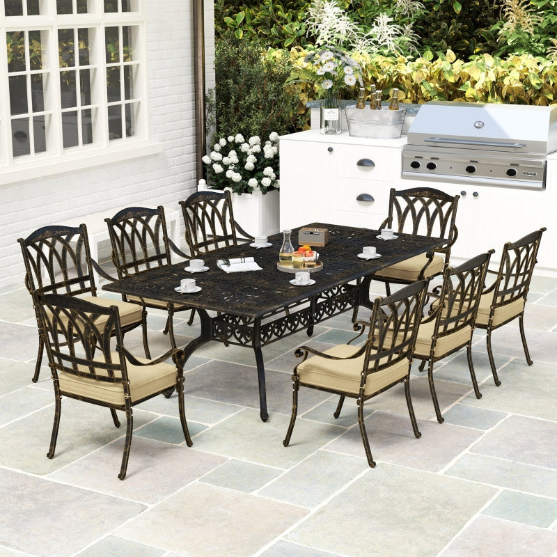 Nine-Piece Bronze Tone Cast Aluminium Garden Dining Set - Outdoor Furniture, Large Size