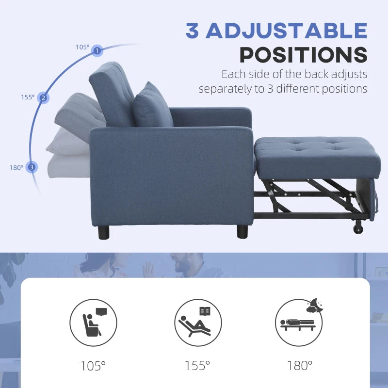 Convertible 3-in-1 Chair Bed with Adjustable Backrest, Pillow and Footrest for Living Room, Blue