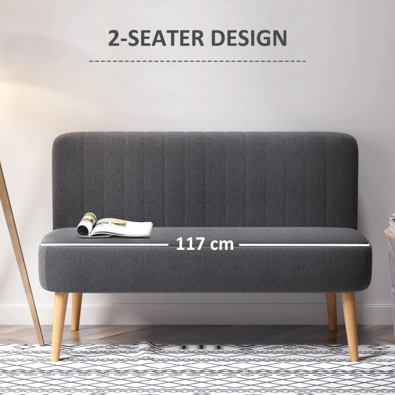 Modern Compact Double Seat Sofa Loveseat in Dark Grey with Padded Linen and Wooden Legs