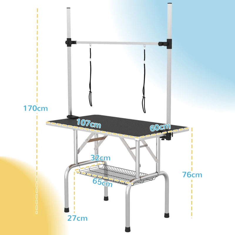 42" Adjustable Dog Grooming Table with Rubber Top, 2 Loops & Storage Basket - Perfect for Cats & Dogs, Black