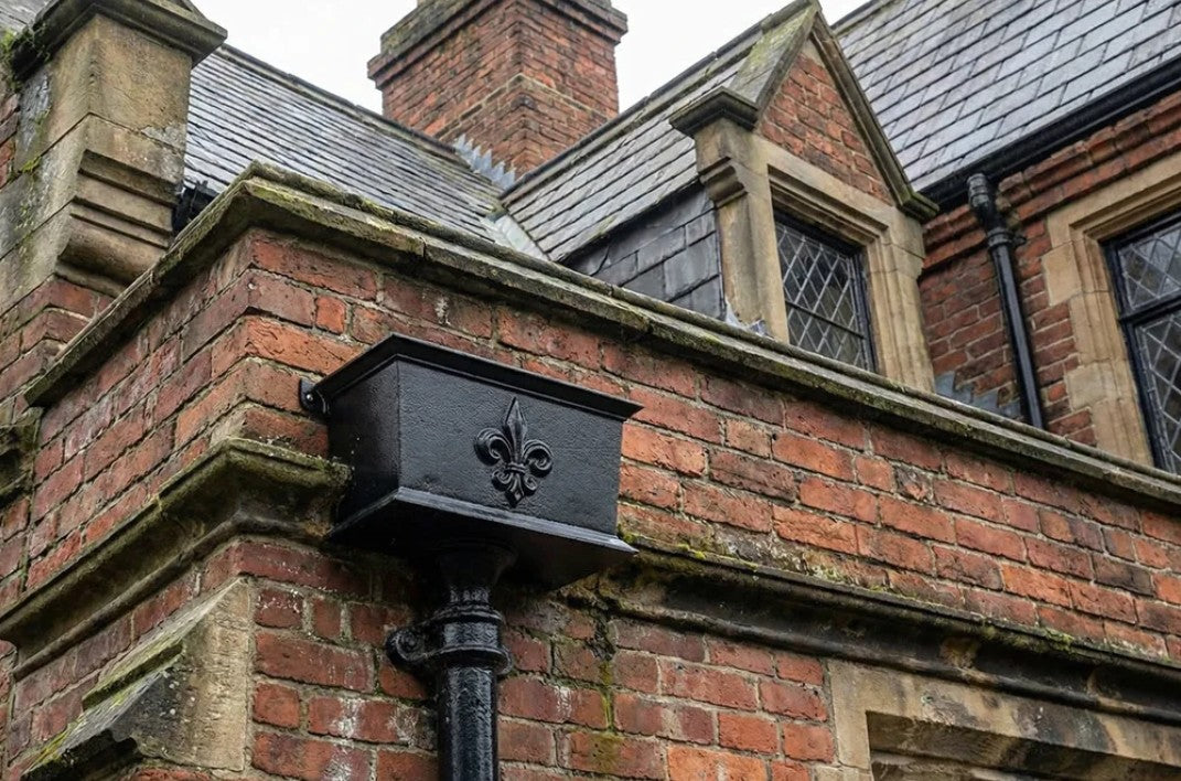 400mm Cast Aluminium Ornamental Hopper Head (with Fleur de Lis motif) - 63mm (2.5") Outlet - Textured Black