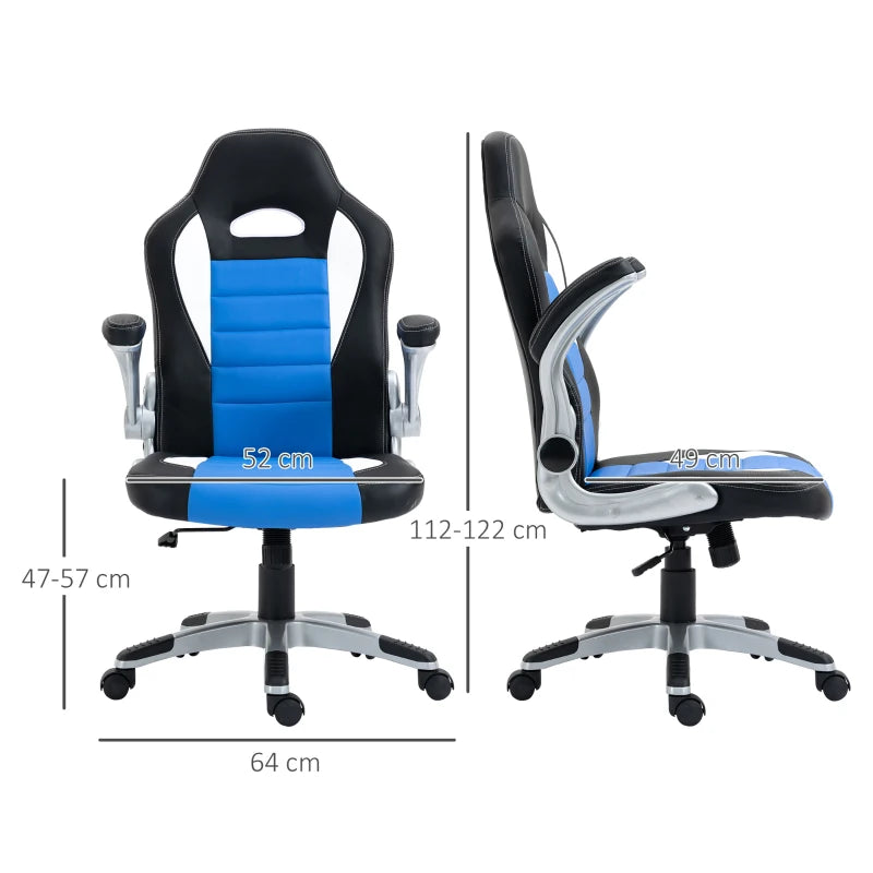 Ergonomic Blue Gaming Chair - PU Leather Office Desk Swivel Chair with Adjustable Height, 90° Flip-up Armrests & Rolling Wheels