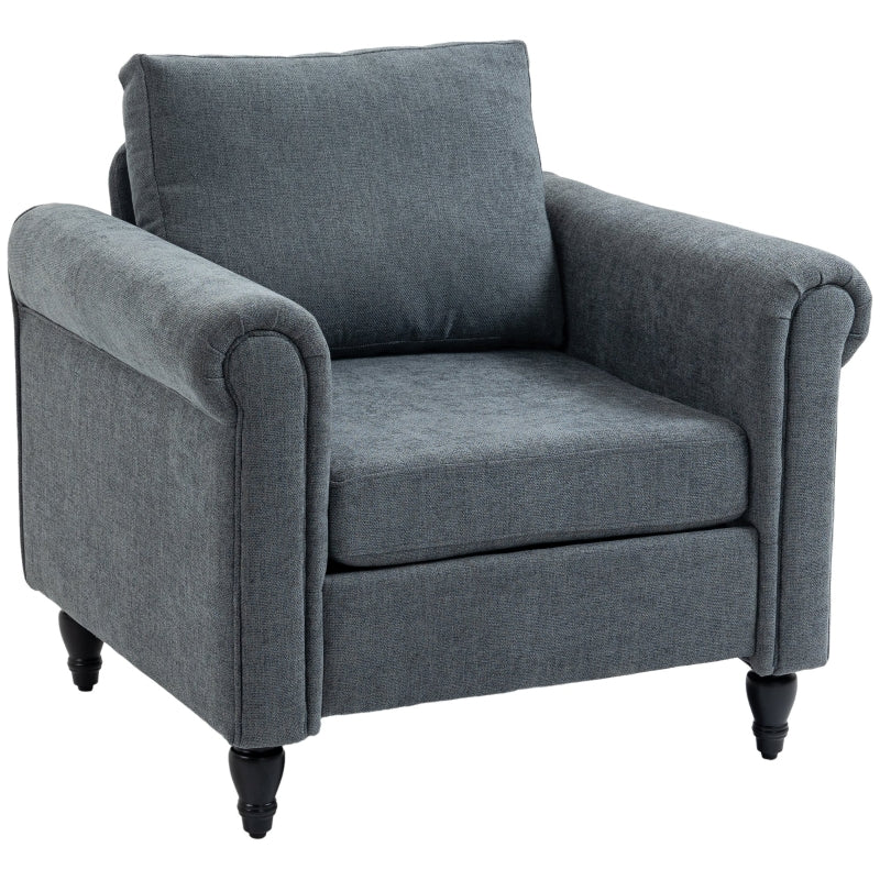 Vintage Upholstered Accent Chair with Back Pillow and Rolled Arms, Grey Fabric, Rubber Wood Legs