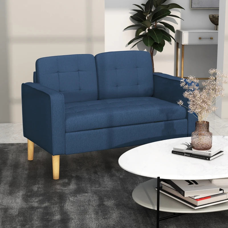 Compact Modern Loveseat Sofa with Hidden Storage, 117cm Tufted Cotton Couch with Wooden Legs in Blue