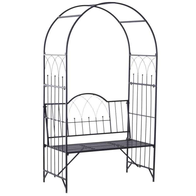 Black Metal Garden Arch Bench with Rose Trellis - Outdoor 2-Seater Arbour Pergola