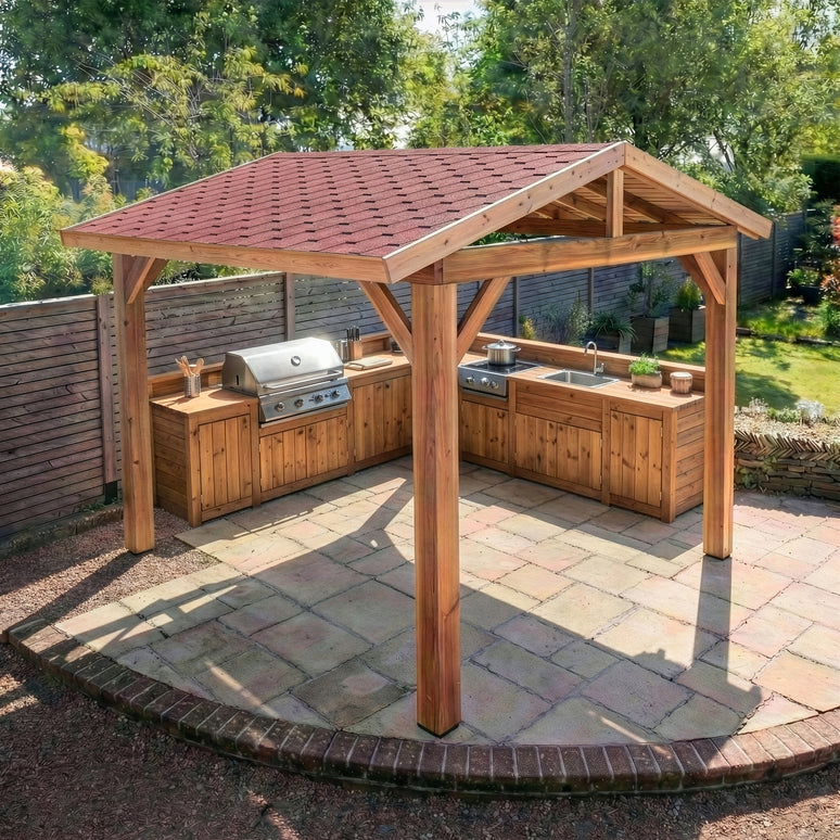 Ruby Planed Cedar Pergola with Katepal Red Shingle Roof – No Overhang Design