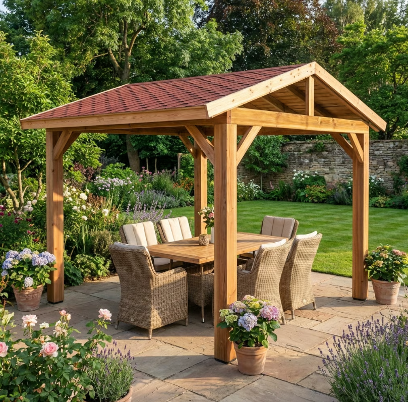 Ruby Planed Cedar Pergola with Katepal Red Shingle Roof – No Overhang Design