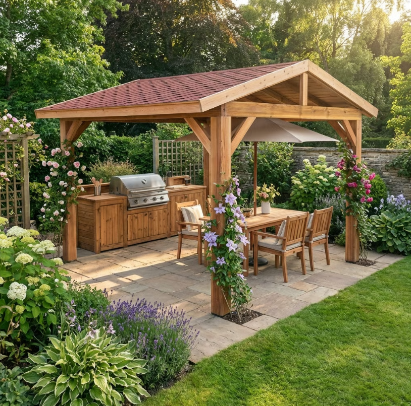 Ruby Planed Cedar Pergola with Katepal Red Shingle Roof – No Overhang Design