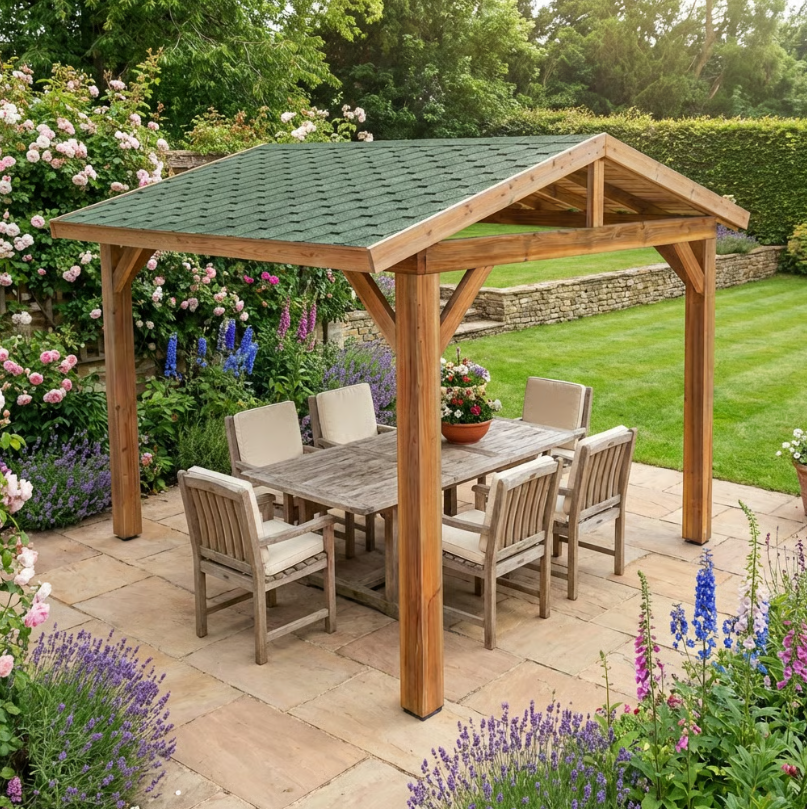 Ruby Rough Sawn Cedar Pergola with Katepal Green Shingle Roof – No Overhang Design